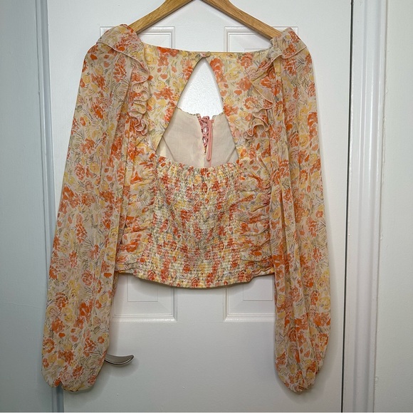 FREE PEOPLE Mabel Floral Print Yellow Orange Ruched Long Sleeve Top Bohemian XS - Picture 9 of 12